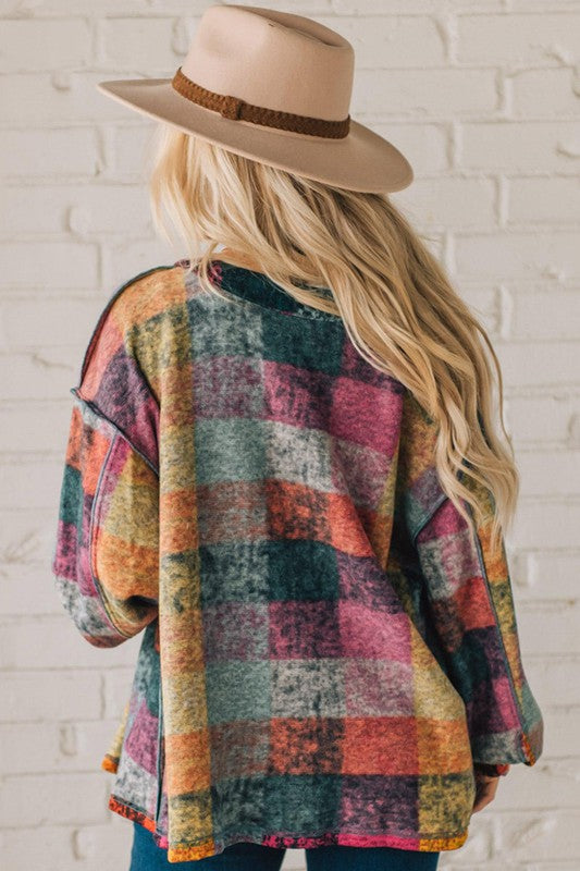 MUSTARD RED PLAID BUTTON SHACKET CARDIGAN SWEATER