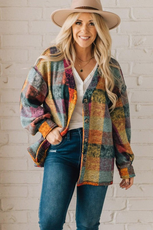 MUSTARD RED PLAID BUTTON SHACKET CARDIGAN SWEATER