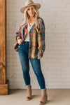 MUSTARD RED PLAID BUTTON SHACKET CARDIGAN SWEATER