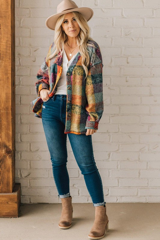 MUSTARD RED PLAID BUTTON SHACKET CARDIGAN SWEATER