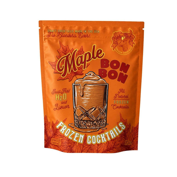 A stand-up pouch of Maple Bon Bon Frozen Cocktails on a plain white background. The packaging is bright orange with maple leaf graphics and an illustration of a cocktail glass.