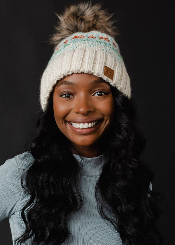 IVORY, LT. BLUE, MINT & ORANGE PATTERNED POM HAT