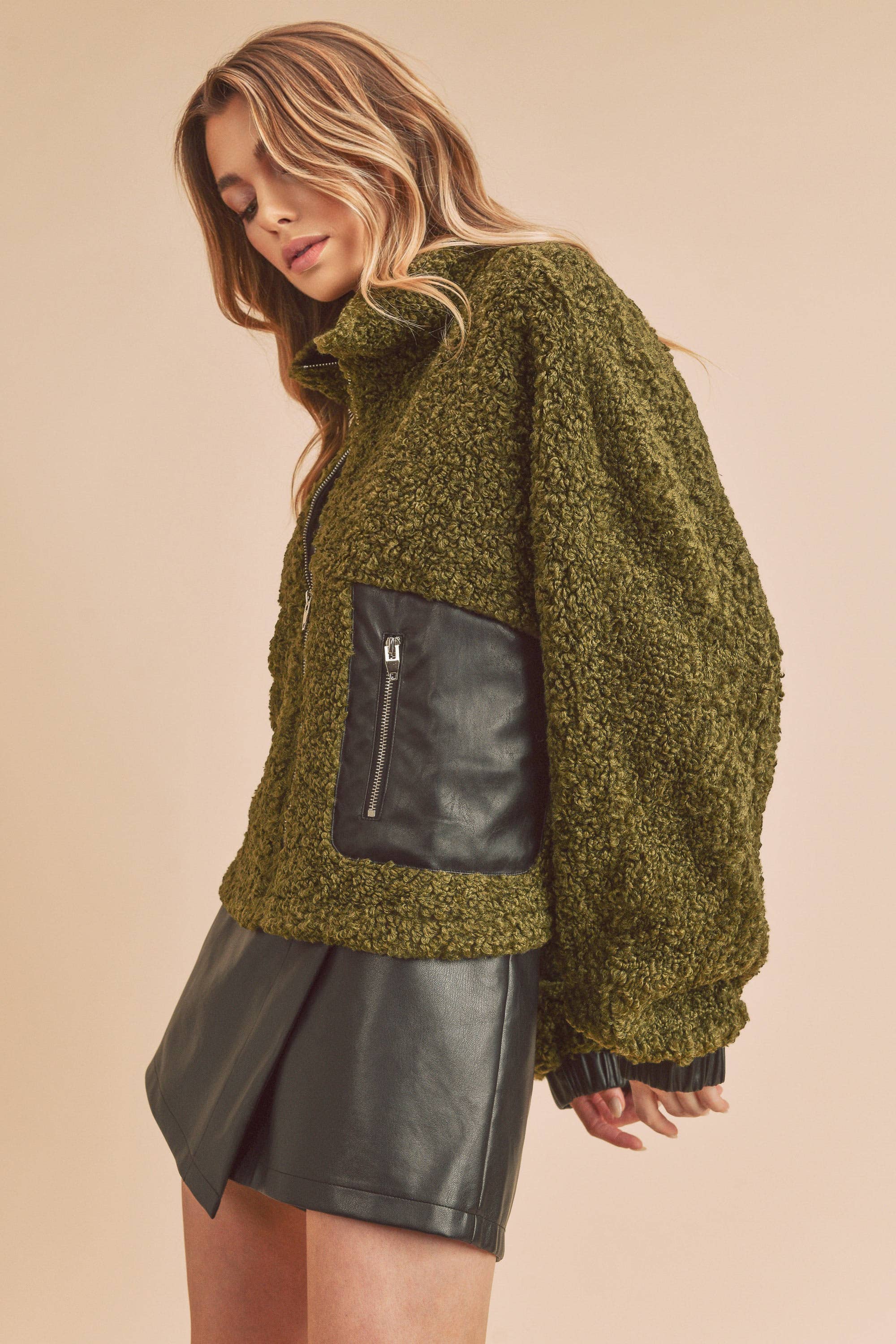 PENNY OLIVE SHERPA ZIP JACKET