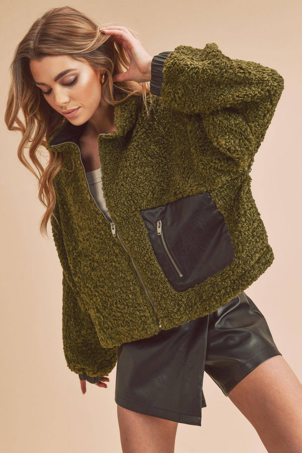 PENNY OLIVE SHERPA ZIP JACKET