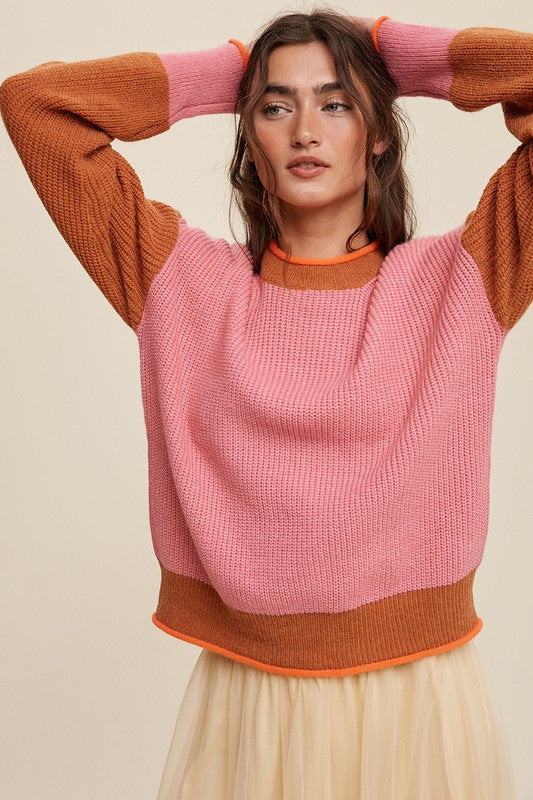 COLOR BLOCK RIBBED KNIT SWEATER