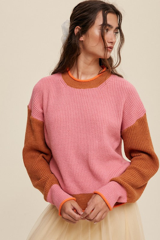 COLOR BLOCK RIBBED KNIT SWEATER