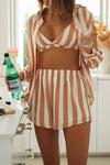 Short, shirt, bralette summer pajama set. Cream and orange stripes