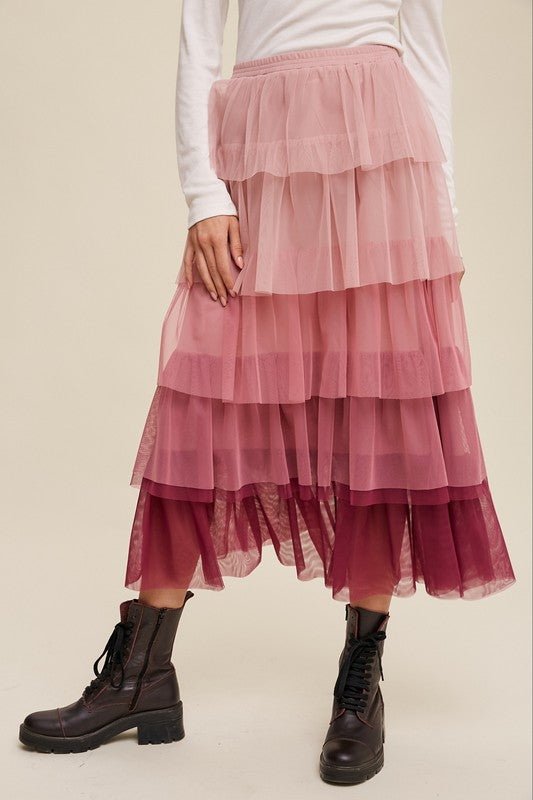 GRADIENT STYLE TIERED MESH MAXI SKIRT