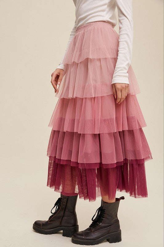 GRADIENT STYLE TIERED MESH MAXI SKIRT