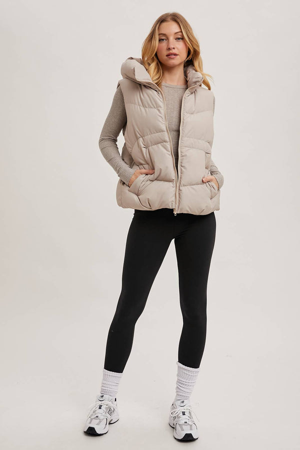 ZIPPER DOWN PUFFER VEST W HOOD