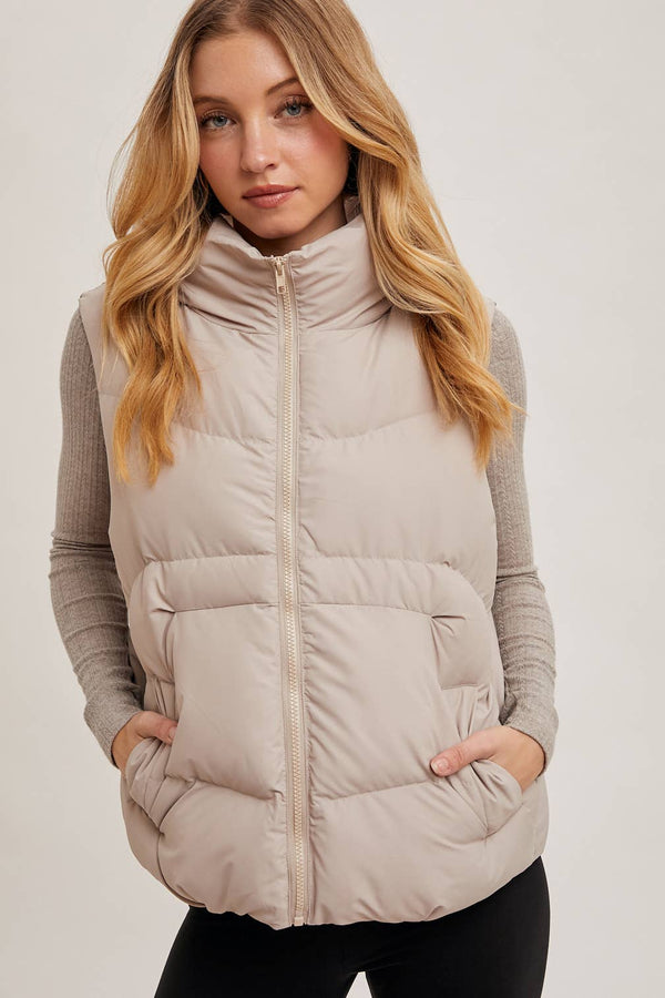 ZIPPER DOWN PUFFER VEST W HOOD