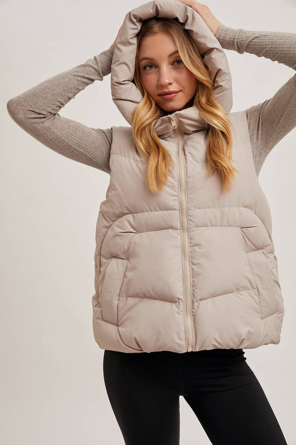 ZIPPER DOWN PUFFER VEST W HOOD