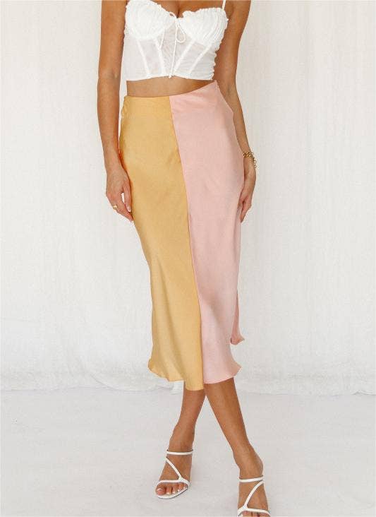 HIGH WAIST SATIN FISHTAIL COLOR BLOCK MIDI SKIRT