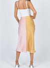 HIGH WAIST SATIN FISHTAIL COLOR BLOCK MIDI SKIRT