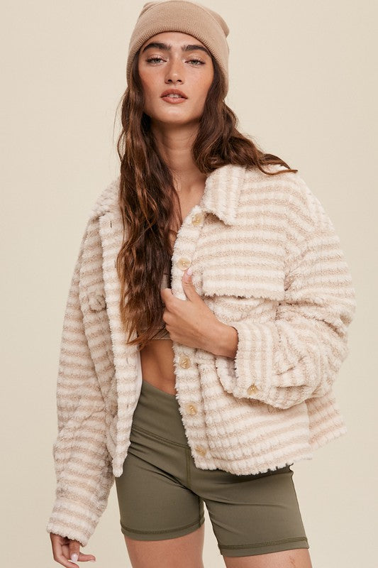 STRIPED BUTTON UP PLAID FLEECE SHACKET