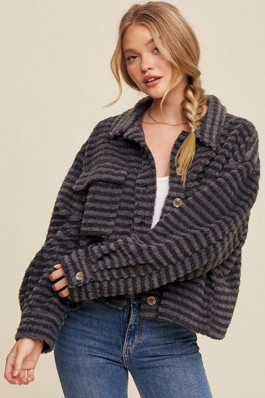 STRIPED PLAID FLEECE SHACKET