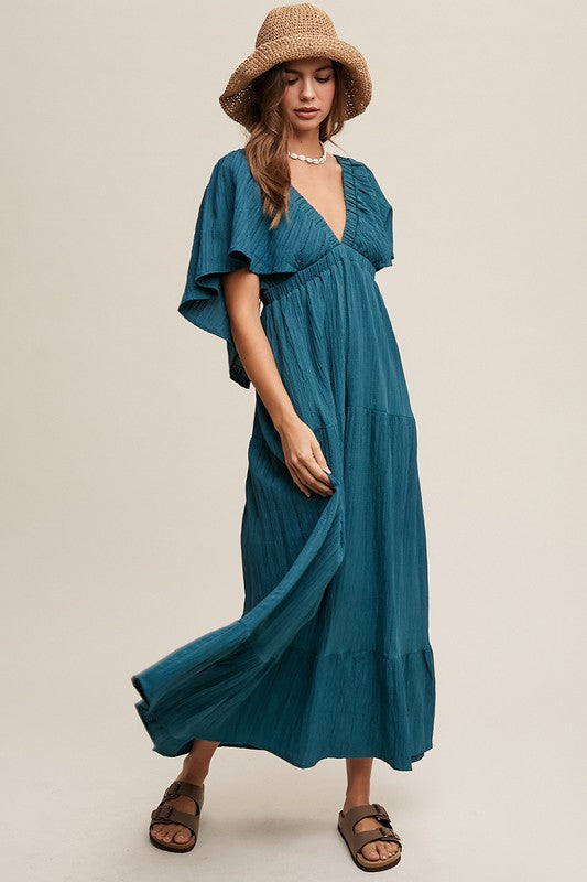 V-NECK RUFFLE SLEEVE FLOWY VACATION DRESS