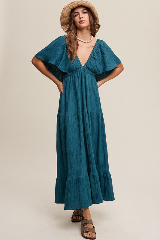 V-NECK RUFFLE SLEEVE FLOWY VACATION DRESS