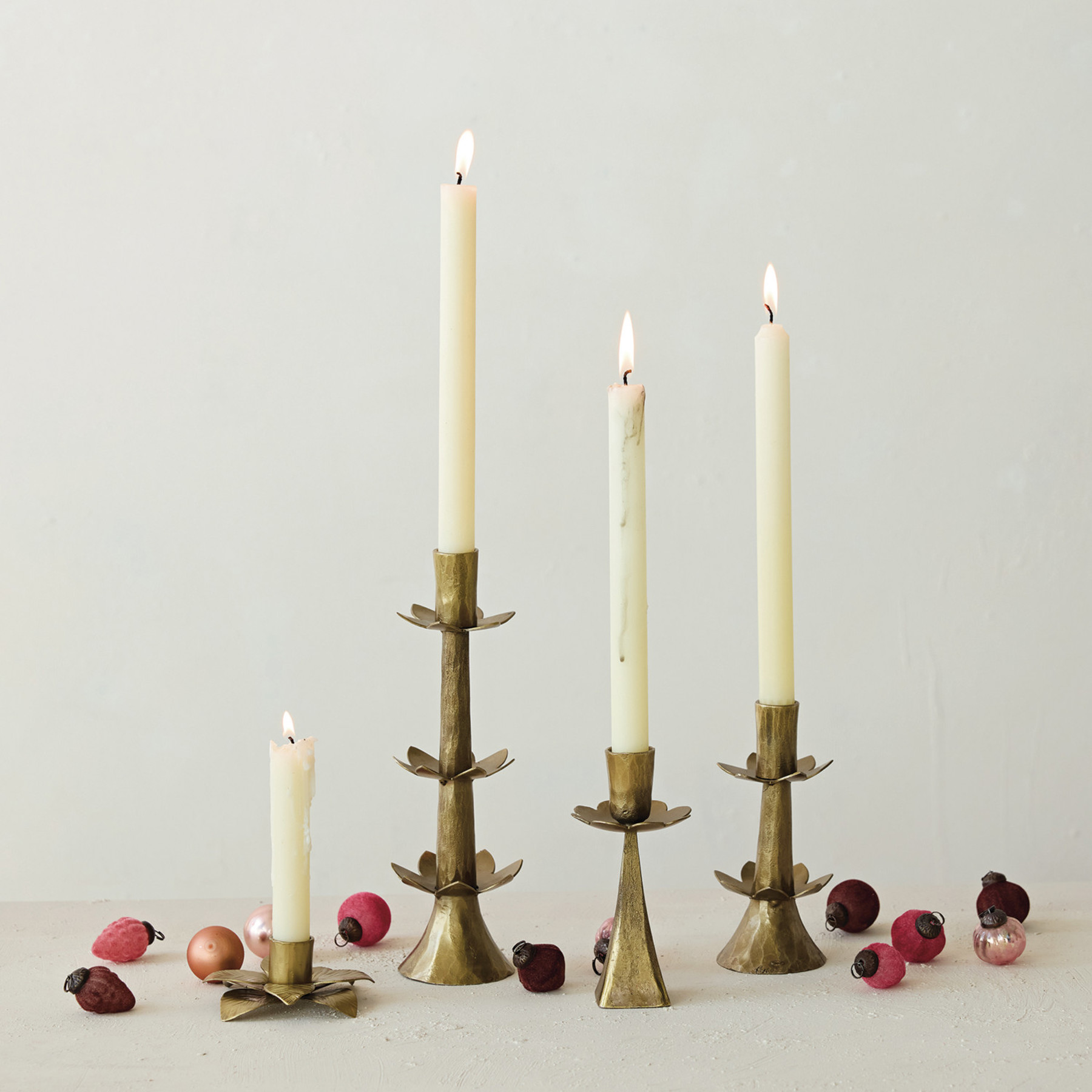 HAND-FORGED METAL FLOWER SHAPED TAPER HOLDER, ANTIQUE BRASS FINSIH