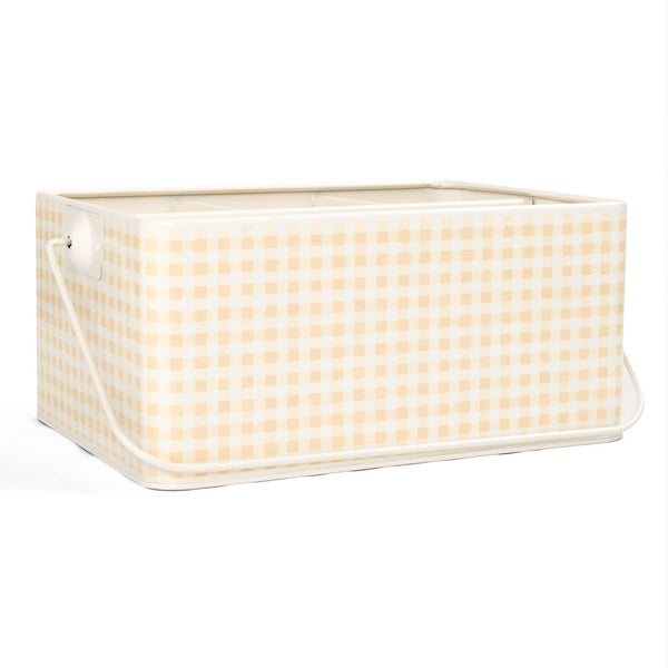 A beige gingham tin utensil caddy with a checkered pattern and a collapsible handle.