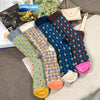 WOMEN'S CREW RETRO FLOWER DECO SOCKS: CHOCOLATE