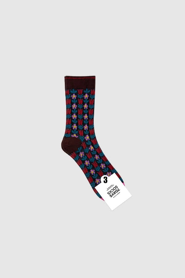 WOMEN'S CREW RETRO FLOWER DECO SOCKS: CHOCOLATE