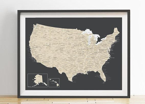 USA MAP POSTER - CHARCOAL GREY