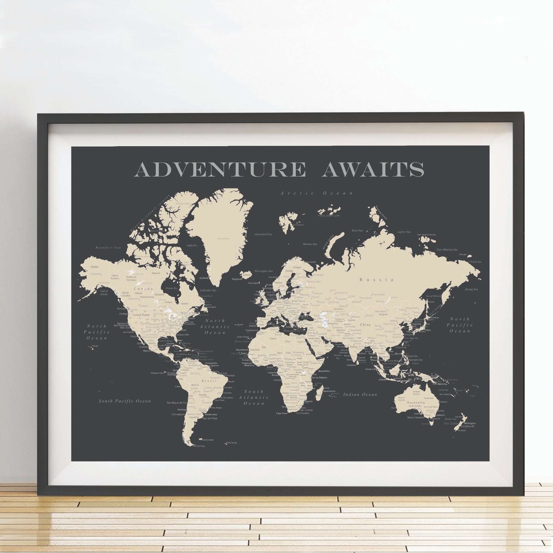 WORLD MAP POSTER - CHARCOAL GREY