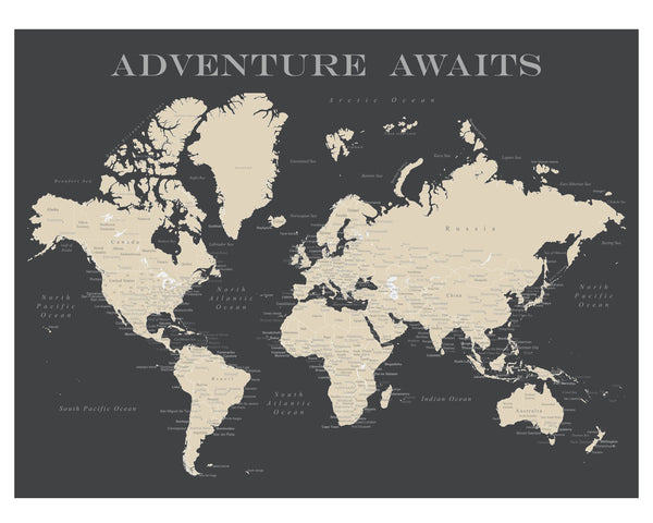 WORLD MAP POSTER - CHARCOAL GREY