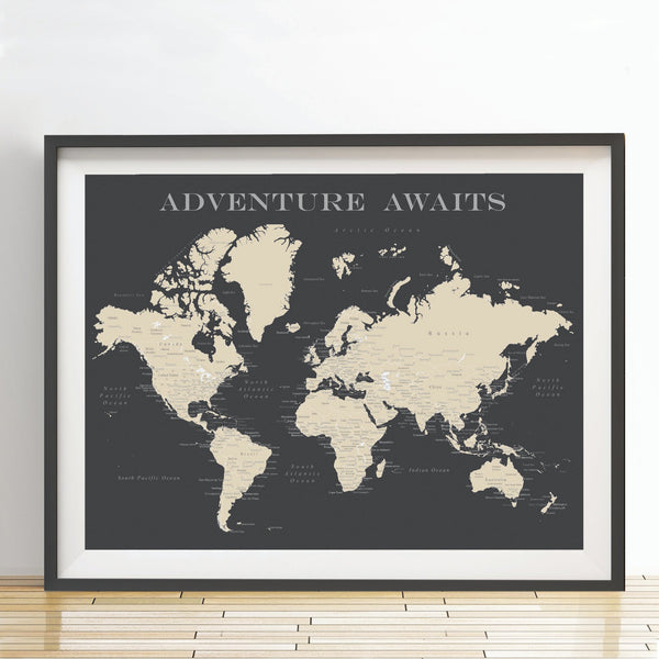 WORLD MAP POSTER - CHARCOAL GREY