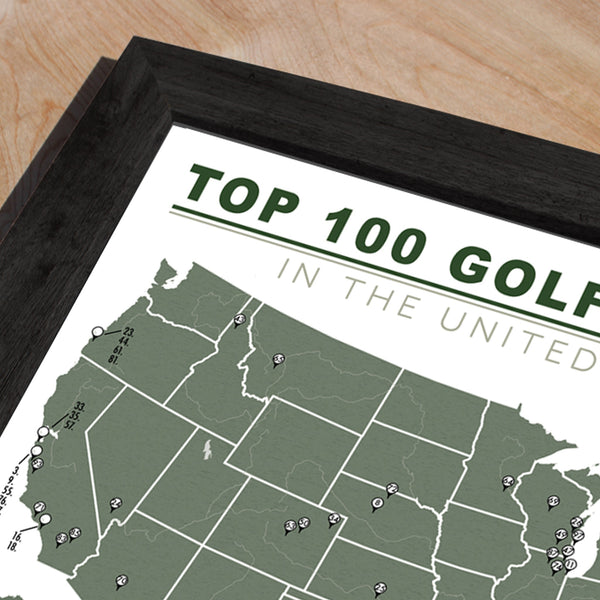 FRAMED TOP 100 GOLF COURSES CHECKLIST MAP
