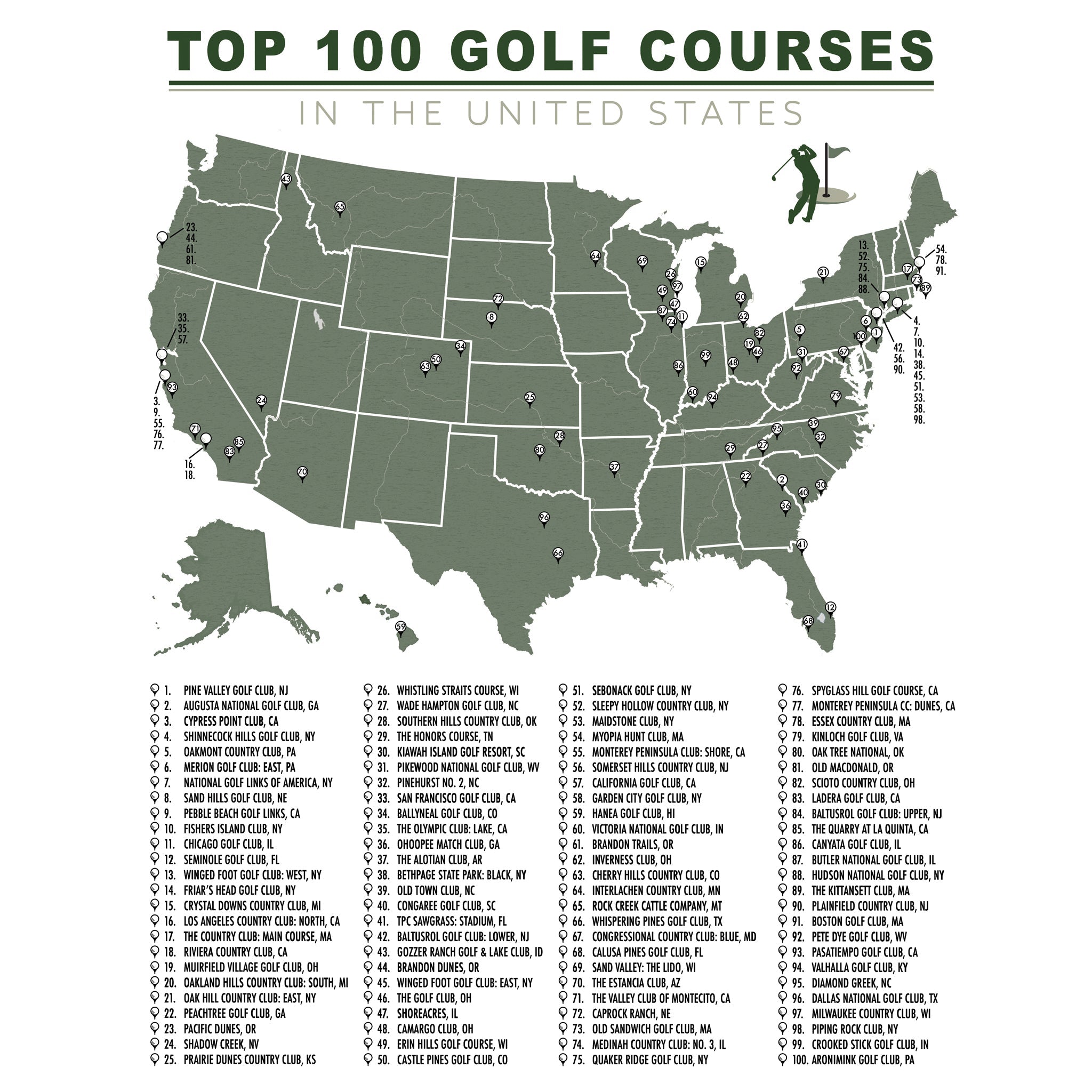 FRAMED TOP 100 GOLF COURSES CHECKLIST MAP