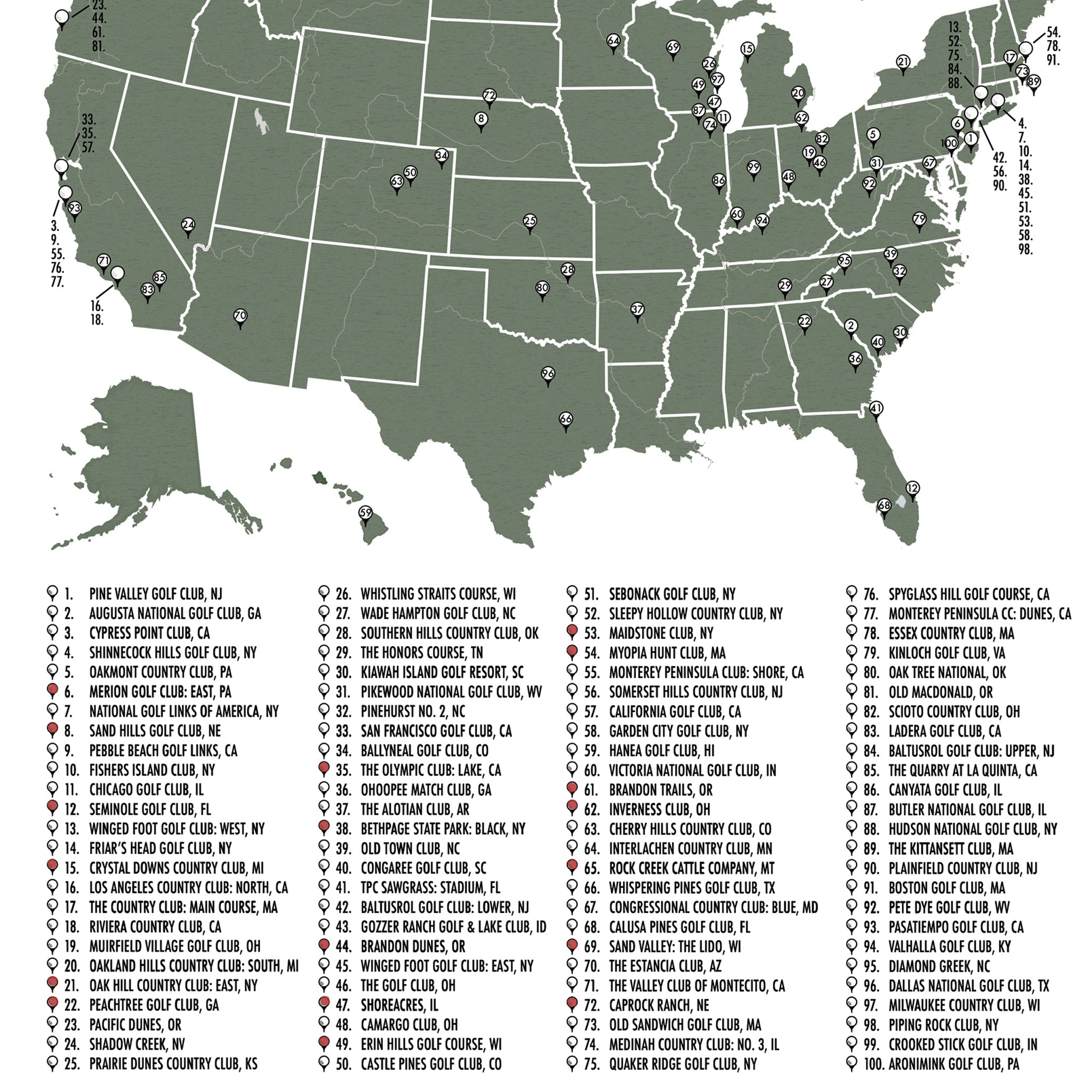 FRAMED TOP 100 GOLF COURSES CHECKLIST MAP