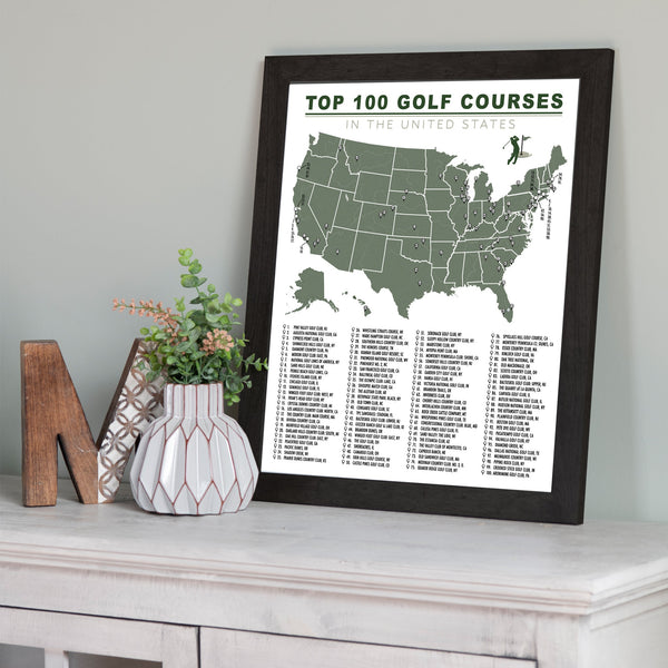 FRAMED TOP 100 GOLF COURSES CHECKLIST MAP