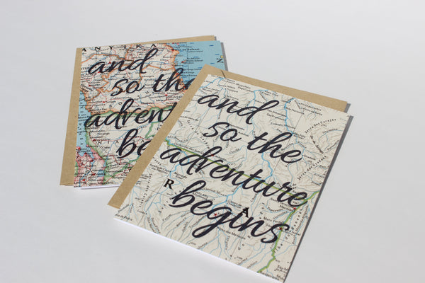 AND SO THE ADVENTURE BEGINS VINTAGE MAP GREETING CARD