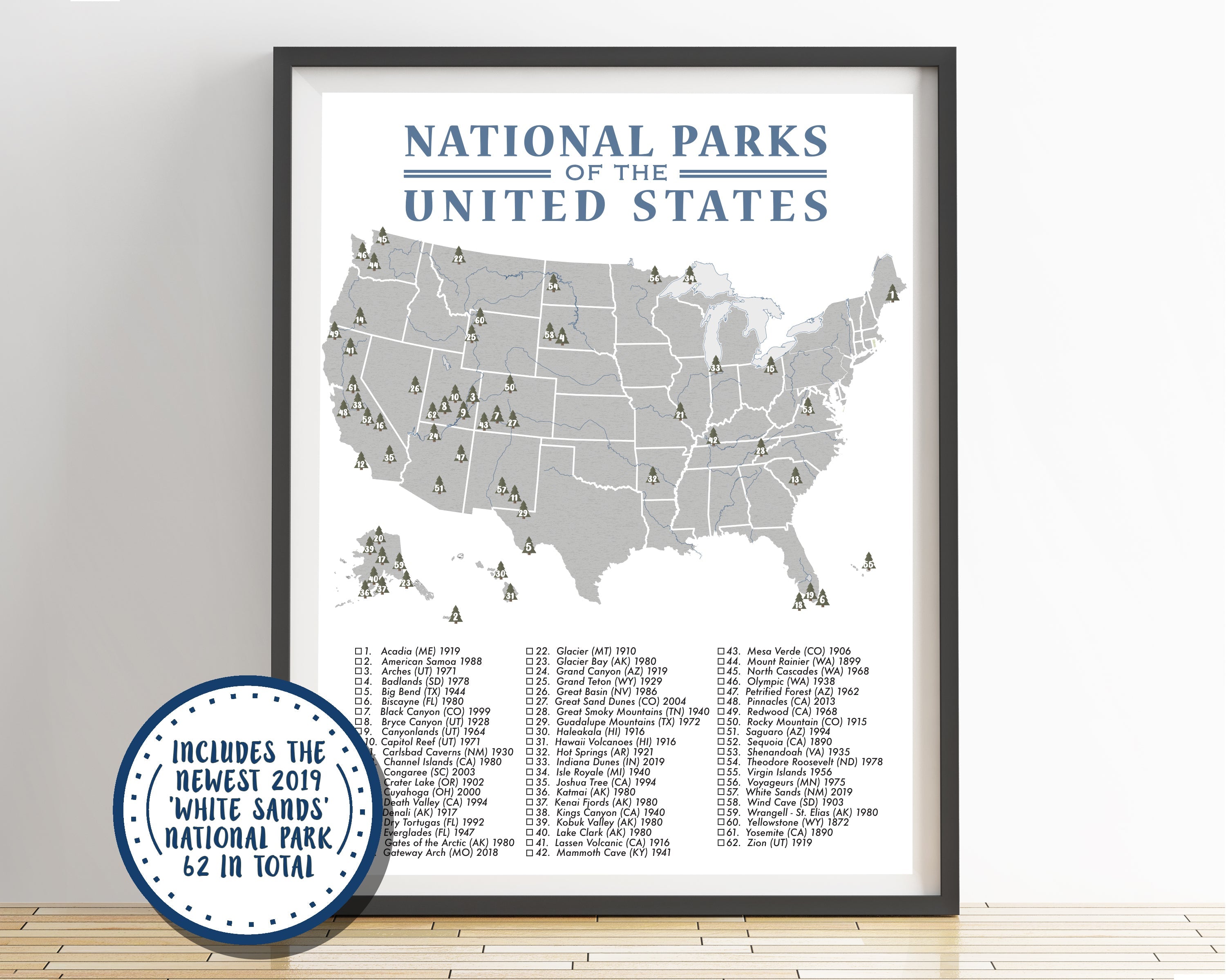 NATIONAL PARKS MAP CHECKLIST POSTER GREY/BLUE - 62 PARKS