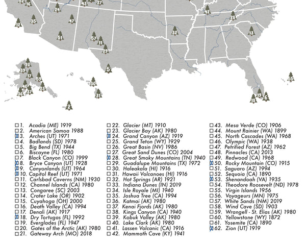 NATIONAL PARKS MAP CHECKLIST POSTER GREY/BLUE - 62 PARKS