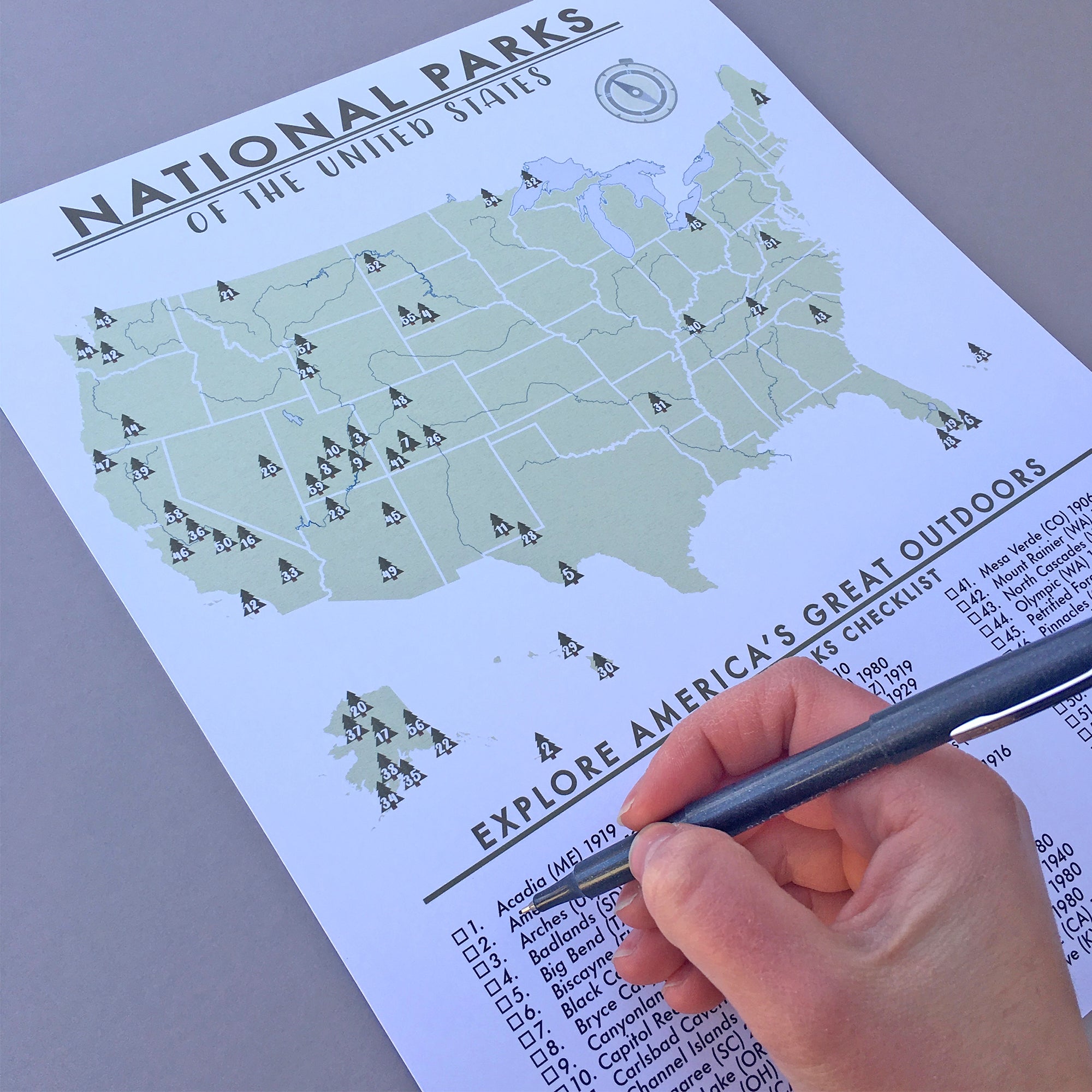 NATIONAL PARKS MAP CHECKLIST POSTER - 63 PARKS