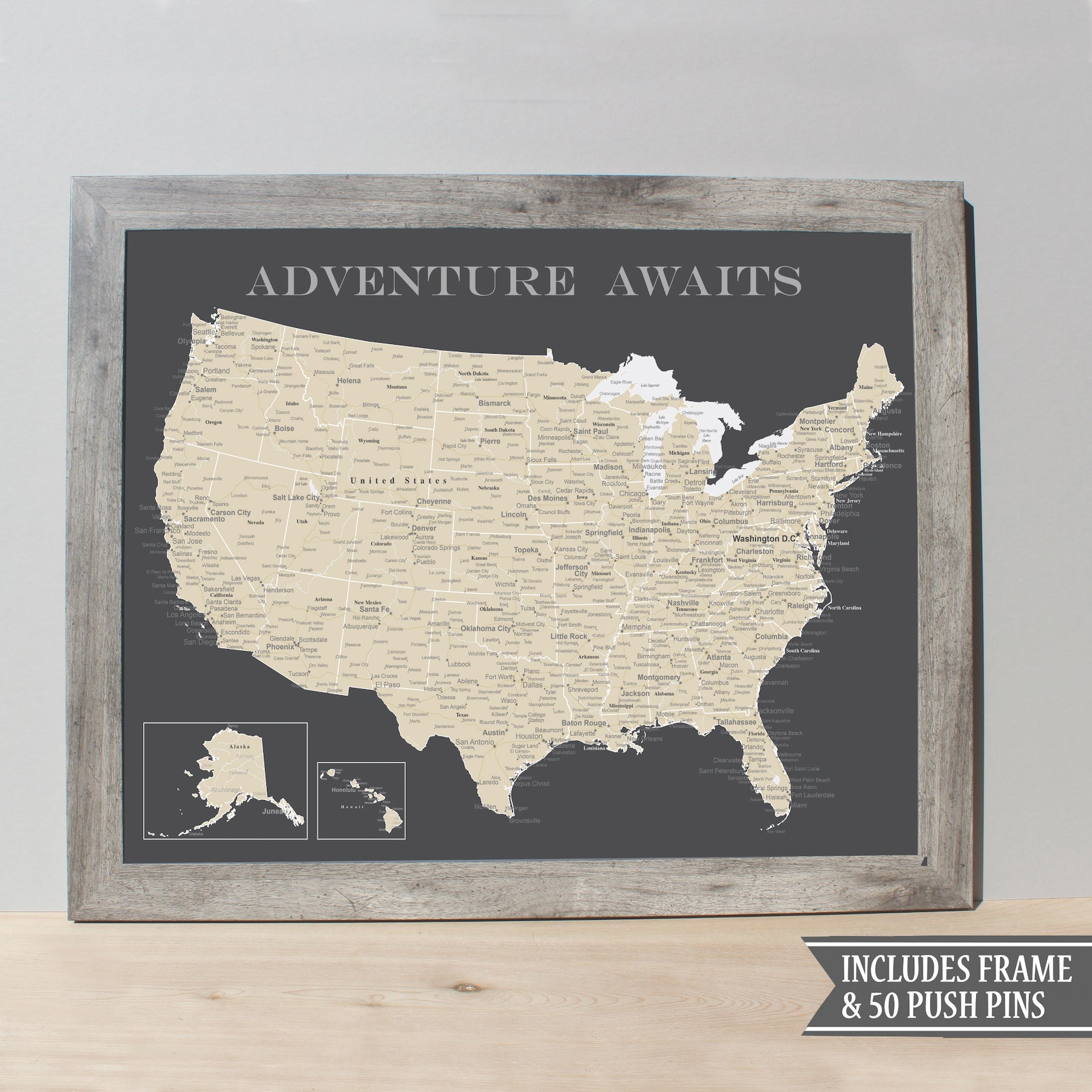 FRAMED USA PUSH PIN MAP - CHARCOAL GREY