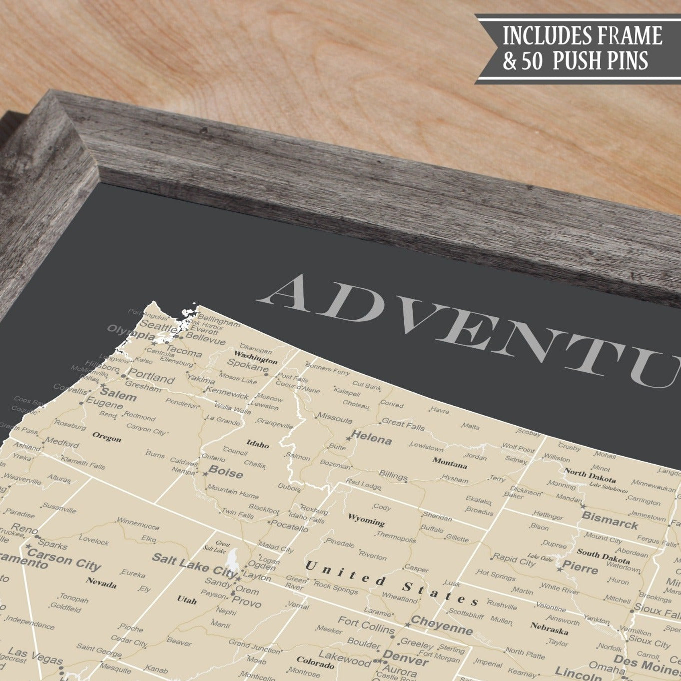 FRAMED USA PUSH PIN MAP - CHARCOAL GREY