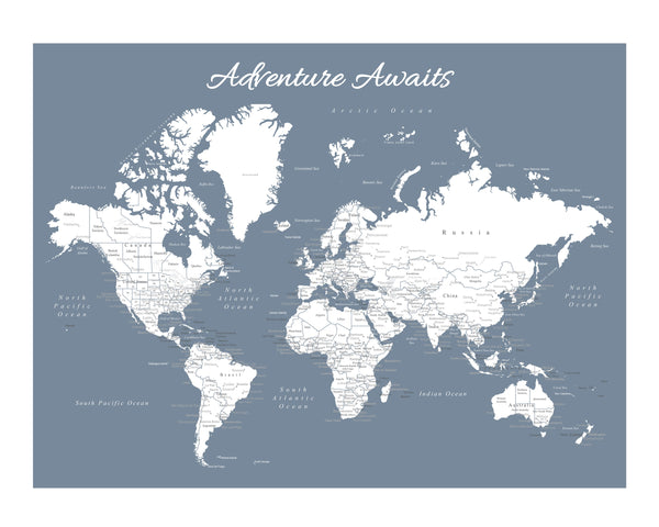 WORLD MAP POSTER - SLATE BLUE