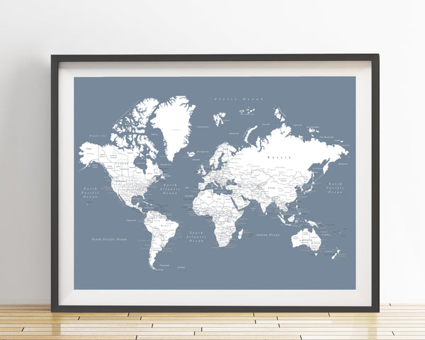 WORLD MAP POSTER - SLATE BLUE