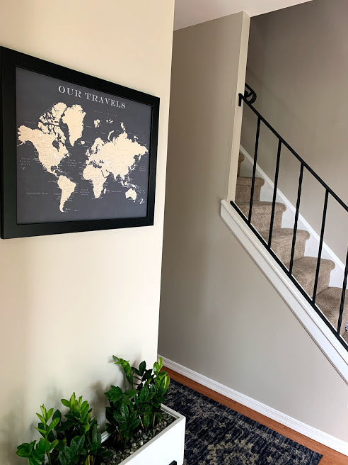 FRAMED WORLD PUSH PIN MAP - CHARCOAL GREY