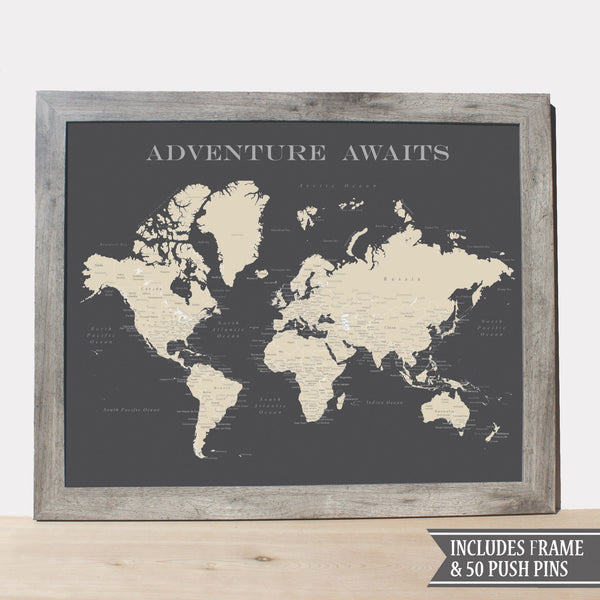 FRAMED WORLD PUSH PIN MAP - CHARCOAL GREY