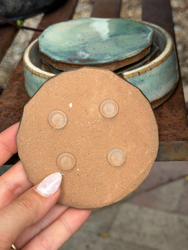 4 PIECE COASTER SET W/ HOLDER