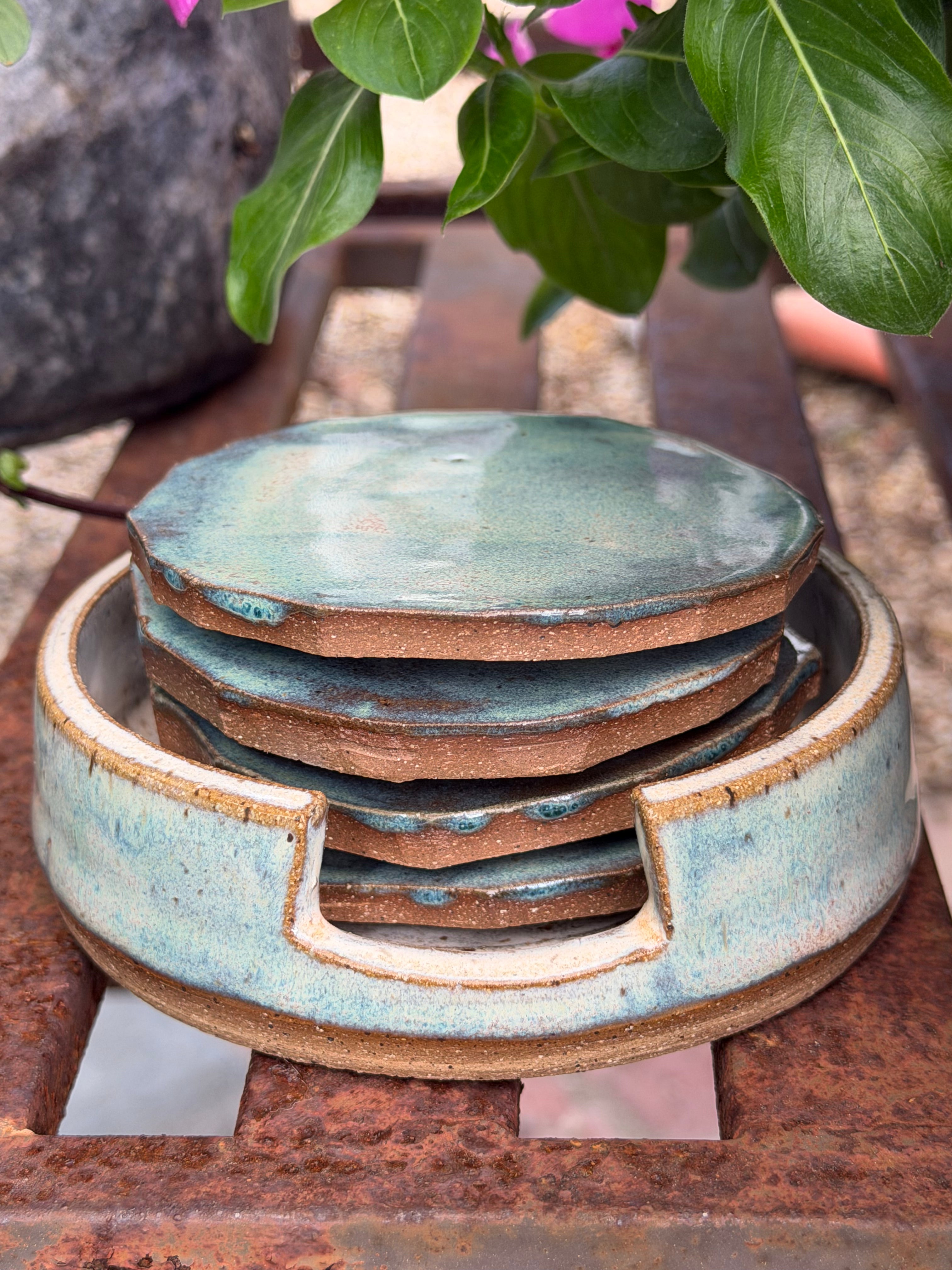 4 PIECE COASTER SET W/ HOLDER