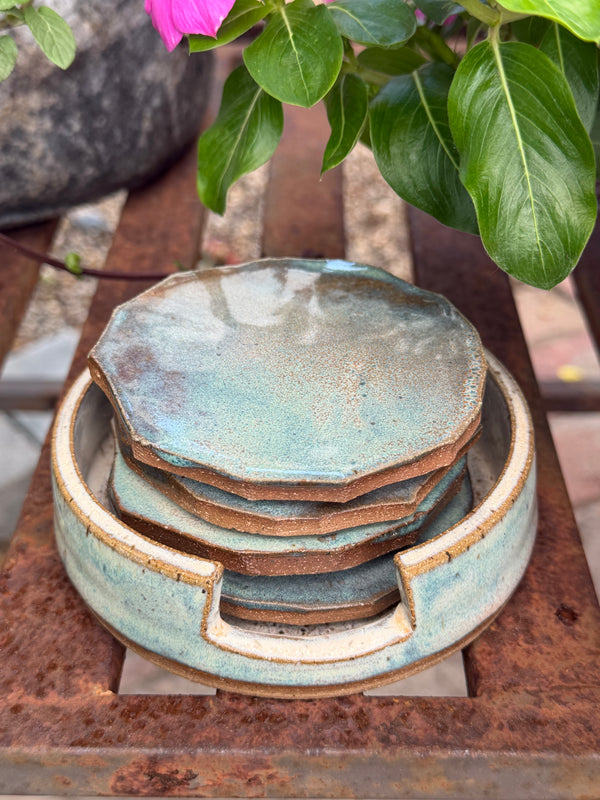4 PIECE COASTER SET W/ HOLDER