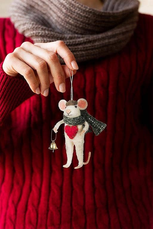 WINTER MOUSE WITH HEART & BELL ORNAMENT-4.5
