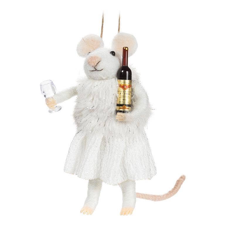 WINTER MOUSE WITH WINE & GLASS ORNAMENT