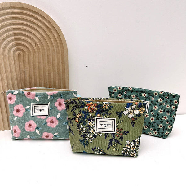 TIME TO PARTY OLIVE CORDUROY FLORAL ZIPPER MAKEUP BAG